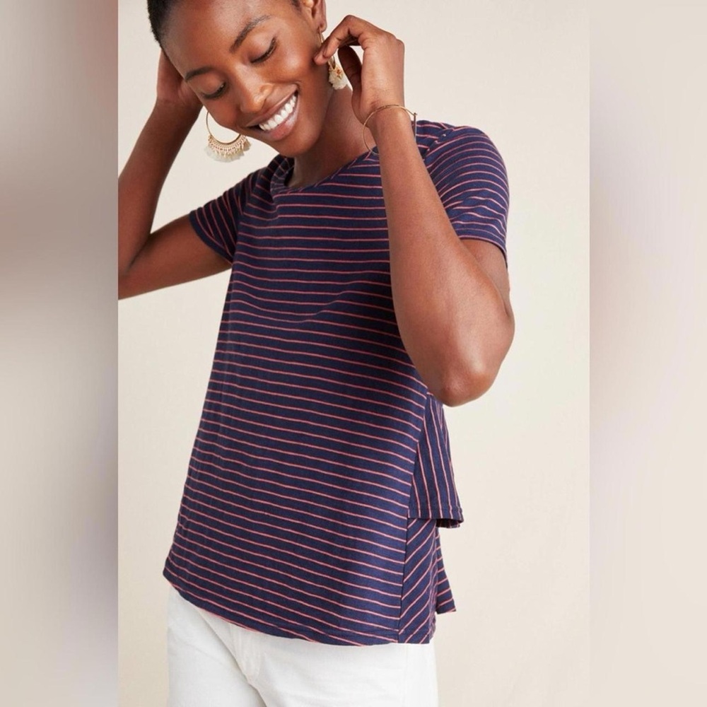 Anthropologie Laura blue/red striped ruffle flowy hem tee S